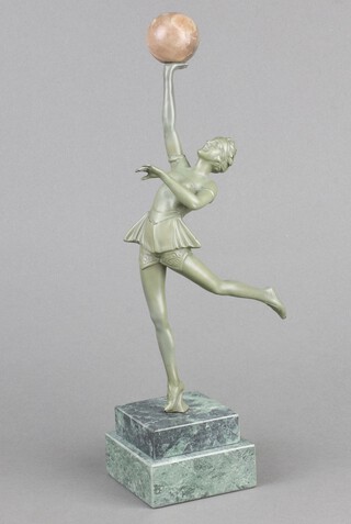 An Art Deco style spelter figure of a standing lady with Globe, raised on a stepped marble base 31cm h x 8cm w x 8cm d 