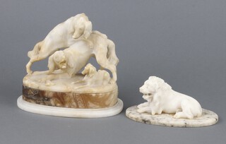 A carved hardstone figure of a seated lion raised on an oval base 7cm x 5cm x 9cm (tail f), together with a ditto figure of a dog and puppies 10cm h x 16cm w x 9cm (f and r and glued) 