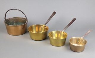 A brass preserving pan with iron swing handle 10cm x 22cm and 3 brass saucepans with polished steel handles 