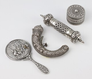 An Omani 935 standard scroll holder, a ditto pill box and cornucopia shaped box, weighable silver 141 grams, together with a plated mirror 