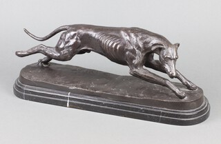 James Osborne (British 1940-1992), a bronze figure of a running greyhound, raised on an oval base 18cm h x 48cm w x 15cm d 