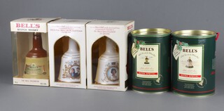 Three 70cl Bells Wade Whisky ceramic decanters to commemorate Queen's 60th Birthday 1986, Marriage of Prince Andrew to Miss Sarah Ferguson 1986, 1 other and 2 Christmas 1988 and 1989 