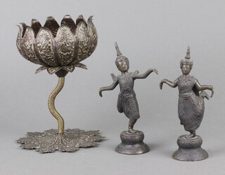 Two Eastern bronze figures of standing ladies 15cm together with a circular Eastern bronze bowl in the form of a flower head raised on a petal base 7cm h x 10cm diam. 