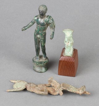 A Roman bronze figure of a standing man 10cm, a ditto seated God 10cm and 1 other of a seated figure on a wooden base 