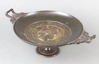 F Levillain, a Victorian Greek style pedestal twin handled bronze tazza marked JVNON 12cm x 41cm 