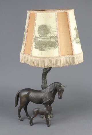 A bronze figure of a standing horse and foal converted to a table lamp 31cm h 