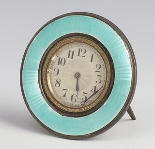 A silver circular guilloche enamel bedroom timepiece Birmingham 1929, 9cm 