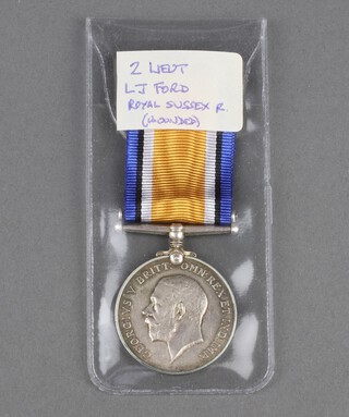 A British War medal to 2nd Lieutenant L J Ford, 4th Battalion Royal Sussex Regiment together with a copy of birth certificate, extract from London Gazette 22nd June 1917 and other paperwork 