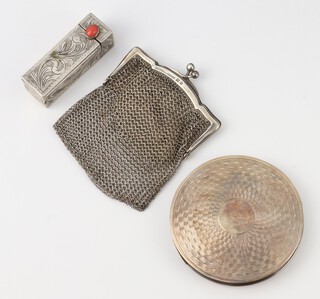 A silver mesh purse London 1921, ditto compact, lipstick holder 