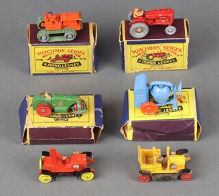 Matchbox Toys, a collection of 6 toys and 4 boxes to include cement mixer (light blue) MB3A, diesel road roller MB1 (missing canopy), Caterpillar tractor MB8 (orange body and driver), Massey Harris tractor MB4A (rear body, gold hubs, tan driver with mud guards and a Charbin Toys Spyker 1904 and a Darrack 1904 (in red) 