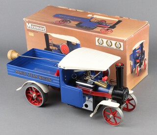 A Mamod steam engine SW1 in blue, complete with box, instructions, funnel and steering rod 