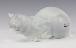 A large Lalique frosted glass figure of a crouching cat "Chat Couche" lower case marks Lalique France with original label 23cm 