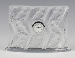 A Lalique frosted glass timepiece decorated with owls, titled "Hulotte", etched lower case marks Lalique France, 8.5cm 