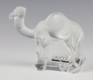 A Lalique frosted glass figure of a single hump camel, etched lower case marks Lalique France with original label  9cm 