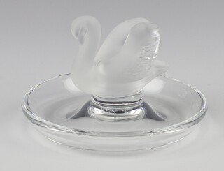 A Lalique frosted glass pin tray with a swan, etched lower case marks Lalique France, 7cm