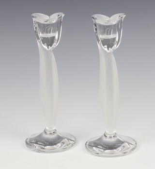 A pair of Lalique frosted glass tulip candlesticks, etched capital marks R LALIQUE FRANCE, 20CM 