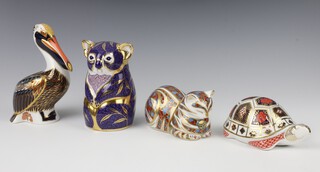 Four Royal Crown Derby Imari pattern paperweights - tortoise with ceramic stopper 12cm, reclining cat silver stopper 10cm, brown pelican silver stopper 15cm and Koala bear gold stopper 10cm 