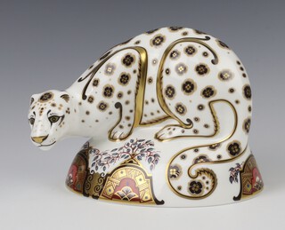 A Royal Crown Derby Imari pattern paperweights - snow leopard by John Abbitt with gold stopper 19cm 