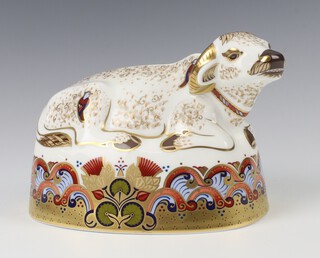 A Royal Crown Derby Imari pattern paperweight of a water buffalo with gold stopper 17cm 