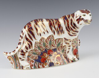 A Royal Crown Derby Imari pattern paperweight of a Bengal tiger with silver stopper 20cm 