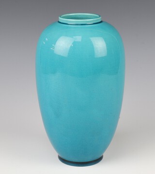 A Burmantofts turquoise glazed oviform vase with impressed marks no.110 20cm 