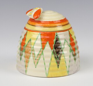 A Clarice Cliff Bizarre Sungold pattern preserve pot and cover with bee finial 9cm 