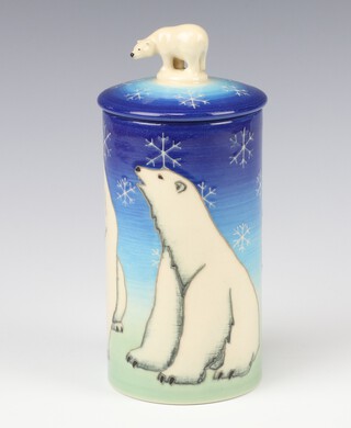 A Dennis Chinaworks cylindrical vase and cover decorated with polar bears by Sally Tuffin, Trial One, 19cm 