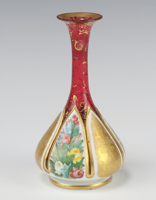 A 19th Century Bohemian overlaid red glass oviform vase decorated with panels of gilt and painted flowers 14.5cm 