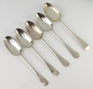 Five Georgian silver table spoons, mixed dates, rubbed marks, 317 grams 