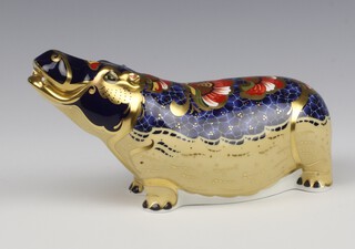 A Royal Crown Derby Imari pattern paperweight of a hippopotamus with silver stopper 21cm 