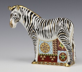 A Royal Crown Derby Imari pattern paperweight of a zebra with silver stopper 13cm 