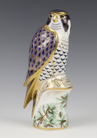 A Royal Crown Derby Imari pattern paperweight of a Peregrine Falcon with silver stopper 21cm, boxed