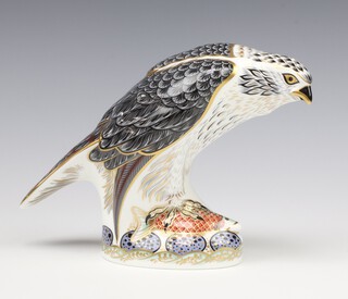 A Royal Crown Derby Imari pattern paperweight of an Osprey with gold stopper 17cm, boxed 