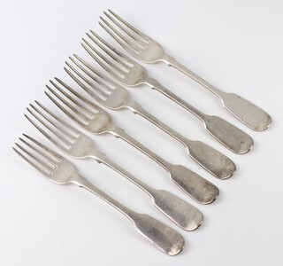 Six Victorian matched silver, fiddle pattern dessert forks London 1839 and 1855, 273 grams 