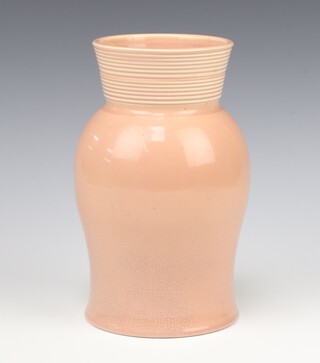 An Art Deco baluster pink vase with ring turned neck inscribed Susie Cooper 23cm  