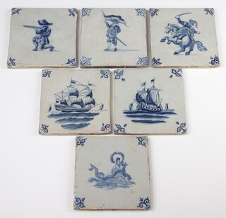 Six 18th Century Dutch Delft tiles depicting galleons, figure on horseback, 2 soldiers and a sea monster with scroll corners 12.5cm x 12.5cm 