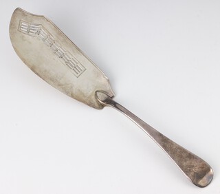 A George III silver fish slice with engraved monogram and pierced decoration, London 1801, 155 grams 