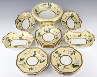 A 19th Century Spode Felspar porcelain dessert service with cream ground and floral borders with gilt rims comprising a tazza (cracked), 4 shaped dishes (1 stuck), 4 serving dishes and 8 plates