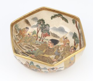 A Meiji period Japanese octagonal Satsuma bowl, the interior decorated with warriors, the exterior with groups of Deities, red seal mark to the base 15cm 