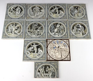 Nine Victorian Mintons tiles decorated scenes from Shakespeare, half of a ditto tile and one other.