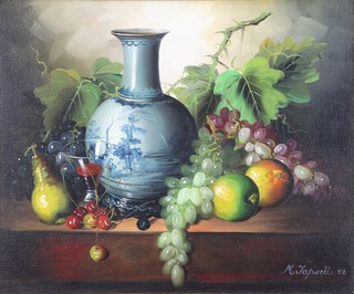 M Tapsell '78, oil on canvas, still life study of a Delft vase with fruits and a glass of wine, signed and dated 49cm x 59cm 