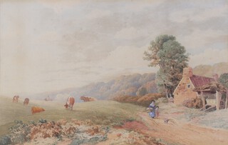 A 19th Century watercolour, indistinctly signed, dated '60, figures of a country path with cattle and farm buildings 30cm x 48cm 