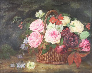 H R Robins, oil on canvas, still life study of a basket of flowers signed 39cm x 49cm 