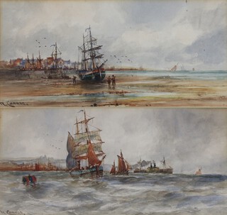 W Cannon, watercolours signed, a pair, moored fishing vessels and steamer at sea, 13cm x 28cm 