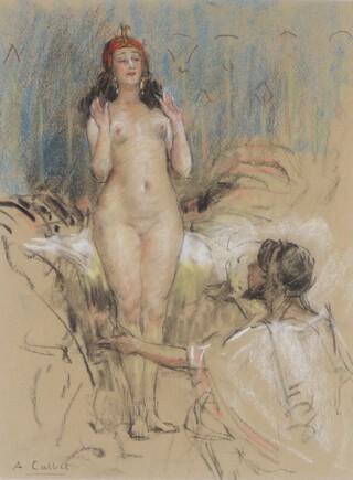 Antoine Calbet (French 1860-1944) watercolour, chalk and pastel "In The Harem"  signed, label on verso 31cm x 23cm  