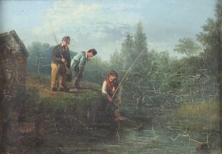 19th Century oil on panel unsigned, three boys fishing in a stream 13.5cm x 19.5cm, in a maple walnut frame 