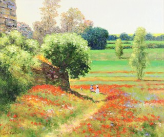 ** Claude Cambour, (French 1940-2012), oil on canvas signed, "Le Sentier Aux Coquelicots" figures seated in a poppy field 45cm x 55cm, with associated literature and invoice **Please Note - Artist's Resale Rights may be payable on this lot