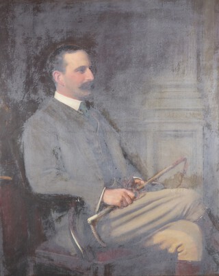 William Robert Symonds (British 1851-1934), oil on canvas signed and dated 1908, portrait of a seated gentleman holding a riding crop, label on verso 124cm x 100cm  