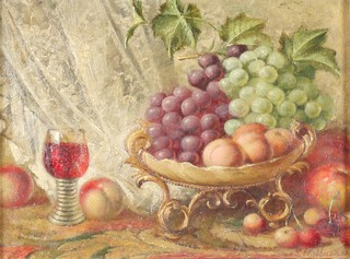 J Cobbett RBA, oil on canvas signed, still life study of a bowl of fruit and glass of wine 21cm x 29cm 