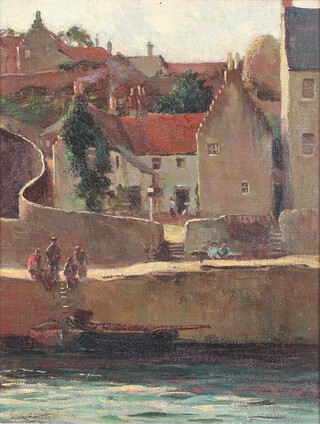 Victorian oil on board, indistinctly signed, a Cornish coastal village with figures sitting on a harbour wall 31cm x 24cm  